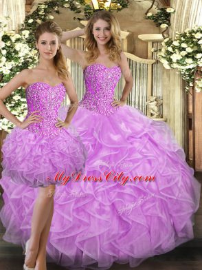 Fitting Tulle Sweetheart Sleeveless Lace Up Beading and Ruffles Quince Ball Gowns in Lilac