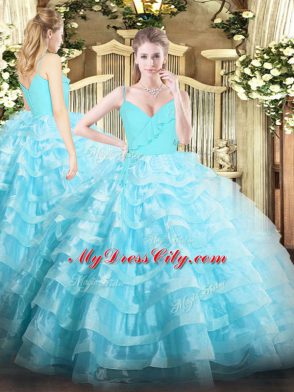 Traditional Floor Length Ball Gowns Sleeveless Aqua Blue Quinceanera Gown Zipper