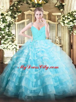 Traditional Floor Length Ball Gowns Sleeveless Aqua Blue Quinceanera Gown Zipper