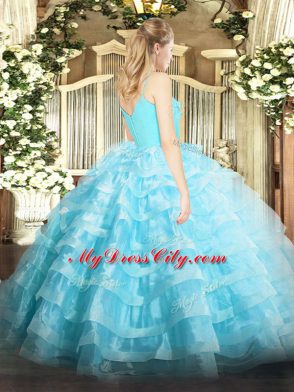 Traditional Floor Length Ball Gowns Sleeveless Aqua Blue Quinceanera Gown Zipper