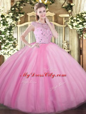 Beading Quinceanera Dresses Rose Pink Zipper Sleeveless Floor Length