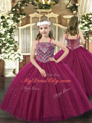 Fuchsia Lace Up Straps Beading Kids Pageant Dress Tulle Sleeveless