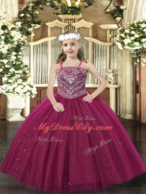 Fuchsia Lace Up Straps Beading Kids Pageant Dress Tulle Sleeveless