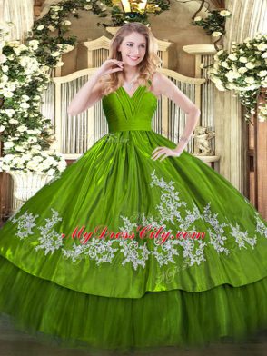 Beauteous Olive Green Zipper V-neck Embroidery Quinceanera Gown Satin and Tulle Sleeveless