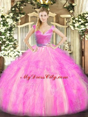 Custom Fit Rose Pink Zipper Quinceanera Gown Beading and Ruffles Sleeveless Floor Length