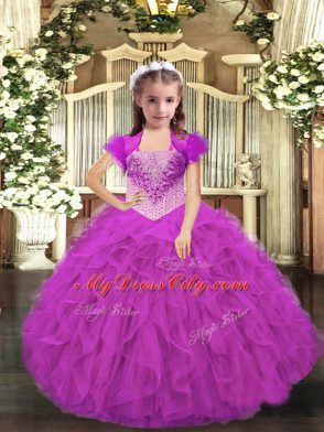 Latest Fuchsia Straps Neckline Beading and Ruffles Little Girls Pageant Dress Sleeveless Lace Up