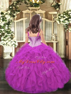 Latest Fuchsia Straps Neckline Beading and Ruffles Little Girls Pageant Dress Sleeveless Lace Up