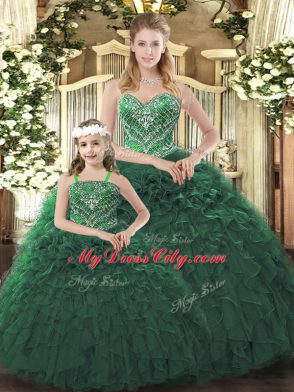 Adorable Dark Green Sleeveless Organza Lace Up 15th Birthday Dress for Military Ball and Sweet 16 and Quinceanera