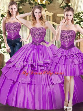 Eggplant Purple Sleeveless Beading and Ruffled Layers Floor Length Quinceanera Gowns