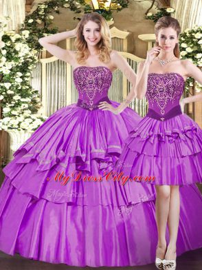 Eggplant Purple Sleeveless Beading and Ruffled Layers Floor Length Quinceanera Gowns