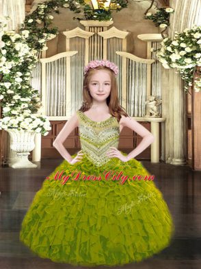 Perfect Floor Length Olive Green Little Girl Pageant Gowns Organza Sleeveless Beading and Ruffles