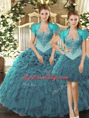 Sexy Teal Sleeveless Beading and Ruffles Floor Length 15 Quinceanera Dress