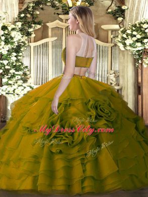 Free and Easy Sleeveless Tulle Floor Length Backless 15th Birthday Dress in Green with Beading and Ruffled Layers