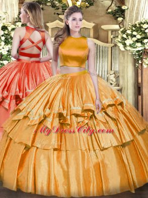 Two Pieces Sweet 16 Quinceanera Dress Orange High-neck Tulle Sleeveless Floor Length Criss Cross