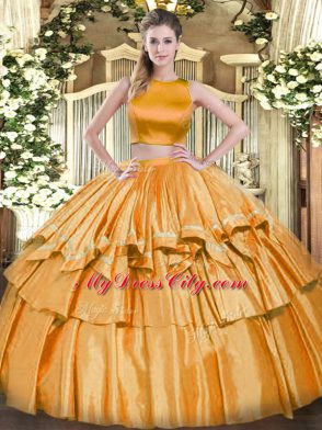 Two Pieces Sweet 16 Quinceanera Dress Orange High-neck Tulle Sleeveless Floor Length Criss Cross