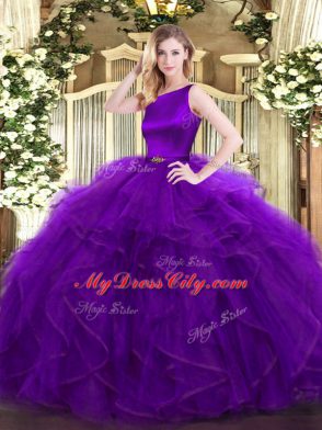 Purple Sleeveless Floor Length Ruffles Clasp Handle Ball Gown Prom Dress