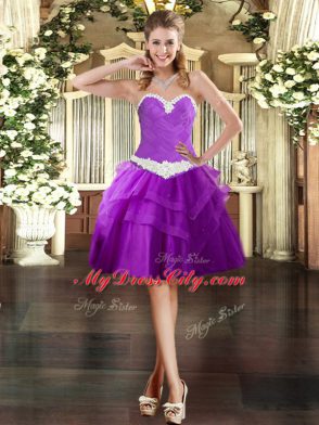 Glittering Purple Homecoming Dress Prom and Party with Appliques and Ruffled Layers Sweetheart Sleeveless Lace Up