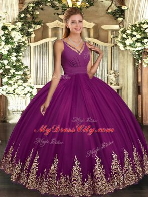 Purple 15th Birthday Dress Sweet 16 and Quinceanera with Beading and Appliques V-neck Sleeveless Backless