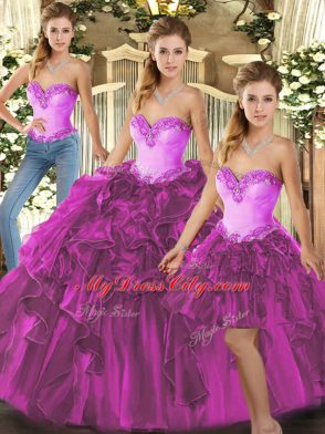 Graceful Fuchsia Sweetheart Neckline Beading and Ruffles 15 Quinceanera Dress Sleeveless Lace Up