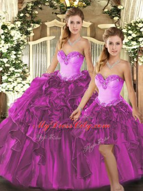 Graceful Fuchsia Sweetheart Neckline Beading and Ruffles 15 Quinceanera Dress Sleeveless Lace Up