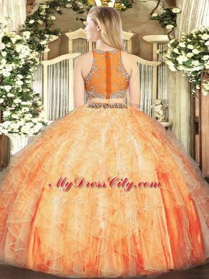 Coral Red Sleeveless Tulle Zipper Quinceanera Dress for Military Ball and Sweet 16 and Quinceanera