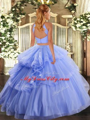 Extravagant Floor Length Backless 15th Birthday Dress Lavender for Military Ball and Sweet 16 and Quinceanera with Beading and Appliques and Ruffles