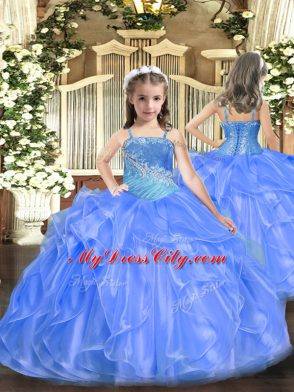 Straps Sleeveless Kids Formal Wear Floor Length Ruffles and Sequins Blue Organza and Sequined