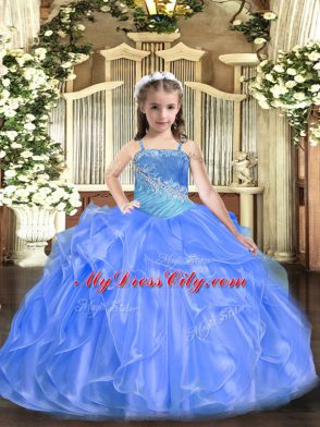 Straps Sleeveless Kids Formal Wear Floor Length Ruffles and Sequins Blue Organza and Sequined