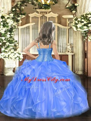 Straps Sleeveless Kids Formal Wear Floor Length Ruffles and Sequins Blue Organza and Sequined