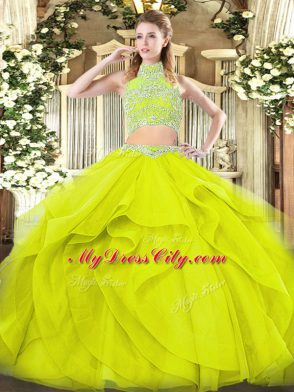 Inexpensive Yellow Green Tulle Backless High-neck Sleeveless Floor Length Quinceanera Gown Beading and Ruffles