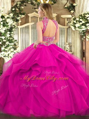 Inexpensive Yellow Green Tulle Backless High-neck Sleeveless Floor Length Quinceanera Gown Beading and Ruffles