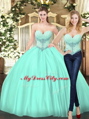 Apple Green Tulle Lace Up Vestidos de Quinceanera Sleeveless Floor Length Beading