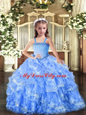 Gorgeous Baby Blue Straps Lace Up Appliques and Ruffled Layers Girls Pageant Dresses Sleeveless