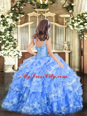 Gorgeous Baby Blue Straps Lace Up Appliques and Ruffled Layers Girls Pageant Dresses Sleeveless