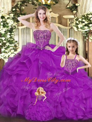 Purple Sleeveless Organza Lace Up Ball Gown Prom Dress for Military Ball and Sweet 16 and Quinceanera