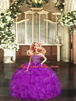 Purple Sleeveless Organza Lace Up Ball Gown Prom Dress for Military Ball and Sweet 16 and Quinceanera