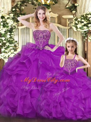 Purple Sleeveless Organza Lace Up Ball Gown Prom Dress for Military Ball and Sweet 16 and Quinceanera