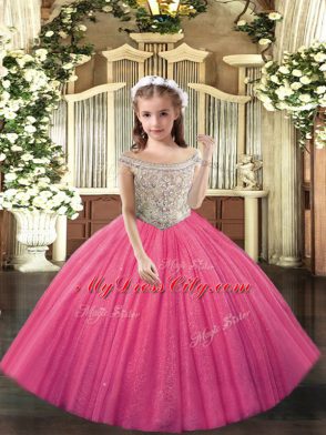 Off The Shoulder Sleeveless High School Pageant Dress Floor Length Beading Hot Pink Tulle