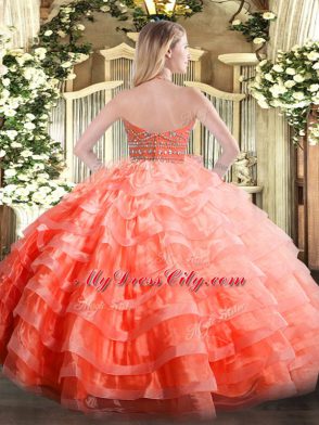 Graceful Lavender Ball Gowns Organza Halter Top Sleeveless Beading and Ruffled Layers Floor Length Zipper Quinceanera Gown