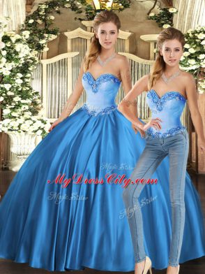 Fitting Floor Length Baby Blue 15th Birthday Dress Tulle Sleeveless Beading