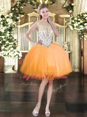 Hot Sale Orange Prom Gown Prom and Party with Beading Scoop Sleeveless Zipper