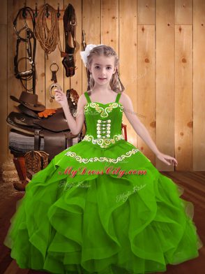 Attractive Green Ball Gowns Straps Sleeveless Organza Floor Length Lace Up Beading and Embroidery and Ruffles Pageant Dress for Girls