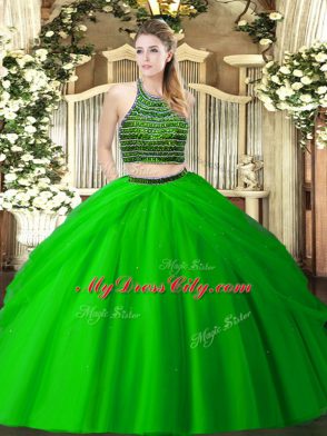 Green Sleeveless Beading and Ruching Floor Length Quinceanera Dress