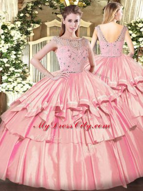 Affordable Rose Pink Bateau Zipper Beading and Ruffled Layers Sweet 16 Dress Sleeveless