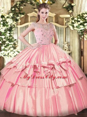 Affordable Rose Pink Bateau Zipper Beading and Ruffled Layers Sweet 16 Dress Sleeveless