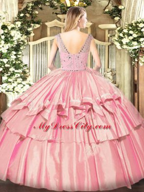 Affordable Rose Pink Bateau Zipper Beading and Ruffled Layers Sweet 16 Dress Sleeveless