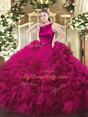 Sleeveless Fabric With Rolling Flowers Floor Length Clasp Handle Quinceanera Dresses in Fuchsia with Belt