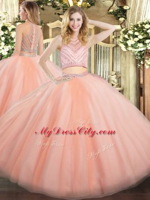 Hot Selling Peach Tulle Zipper Sweet 16 Quinceanera Dress Sleeveless Floor Length Beading