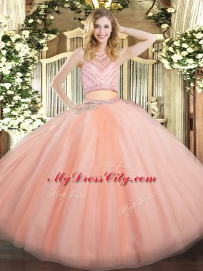 Hot Selling Peach Tulle Zipper Sweet 16 Quinceanera Dress Sleeveless Floor Length Beading