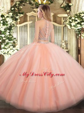 Hot Selling Peach Tulle Zipper Sweet 16 Quinceanera Dress Sleeveless Floor Length Beading